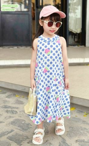 V00037 - Váy Sofia Candy thô đũi sát nách trắng chấm bi xanh dâu tây size 1 - 10y