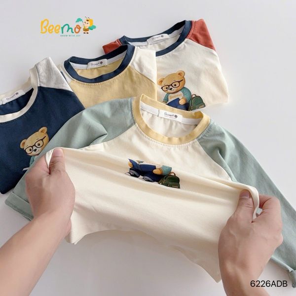 6226ADB - Áo cotton Beemo tay raglan hình gấu học giả nhiều màu size 1-6y
