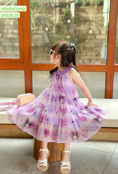S4156 - Váy Sofia Candy vải tơ kuromi 2 màu hồng/tím in tràn cổ yếm size 1-10y