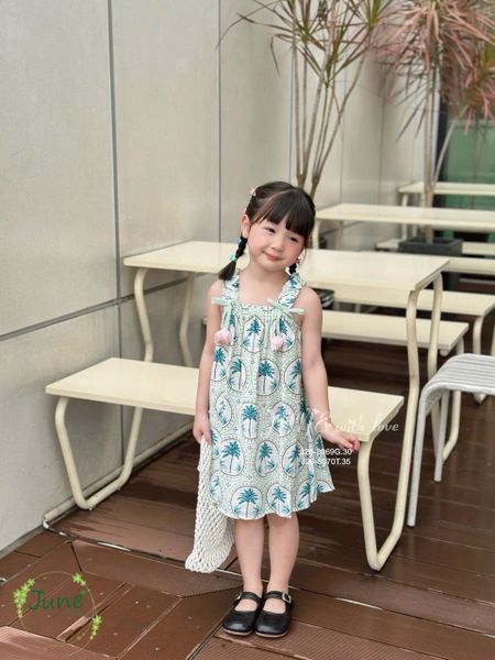 VAY19 - Váy lanh June with love cây dừa đính hoa tulip size 1 - 10y