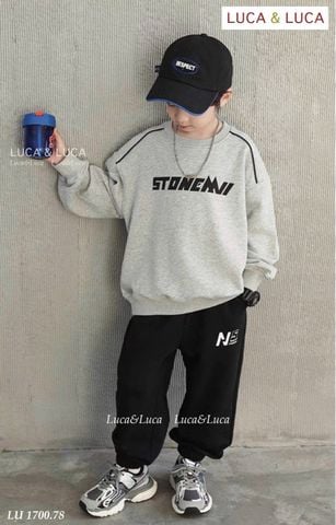 LU 1700 - Bộ nỉ Luca áo ghi in chữ 2 mặt + quần đen size 2-12y