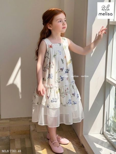 MLSDCC.7761 - Đầm 2 dây Melisa hoa chân phối voan trắng size 2-11y