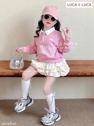 LU 1479 - Bộ nỉ Luca áo hồng cổ trắng + chân váy 3 tầng bé gái size 2-12y