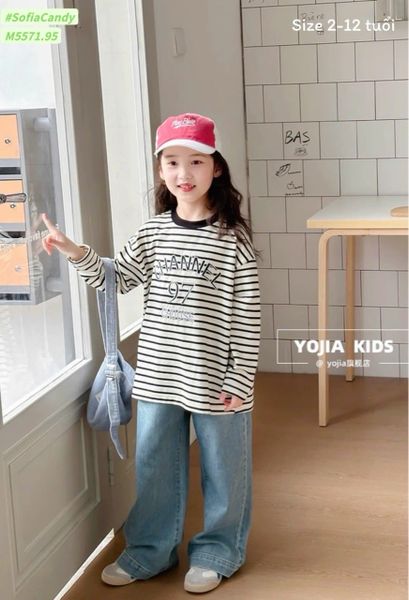 M5571 - Bộ Mia Kids áo thun kẻ ngang + quần jean mềm cho bé size 2-12y