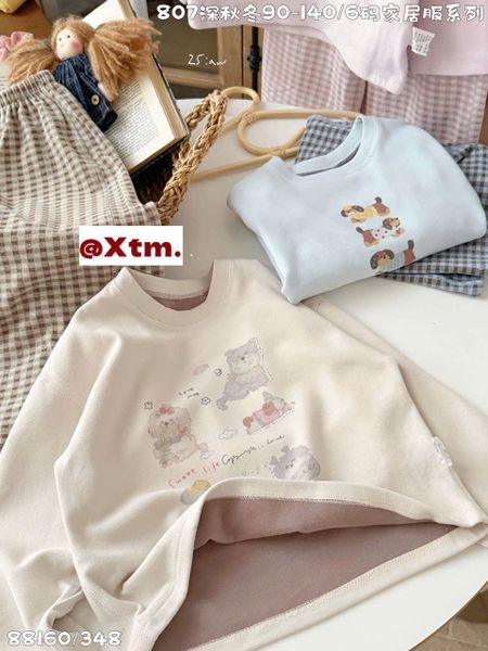 88160 - Bộ nỉ dày đại hàn LNX màu be hình cún - quần kẻ size 90 - 140