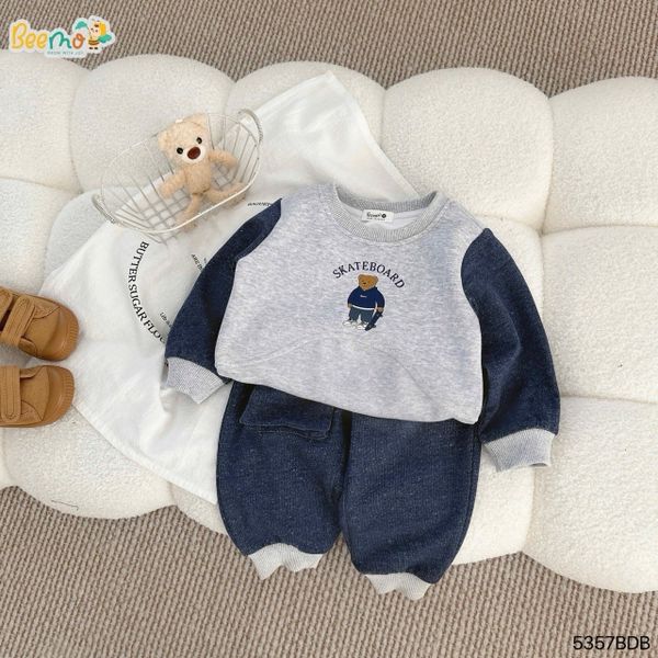 5357BDB - Bộ nỉ phối da cá in gấu Beemo