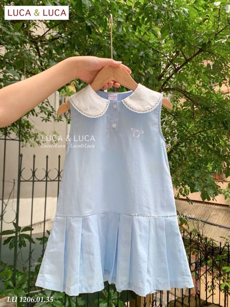LU 1206 - Váy Luca sát nách cổ sen trắng thêu nơ ngực 2 màu hồng/xanh bé gái size 2-12y