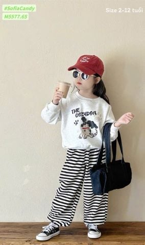 M5577 - Bộ nỉ Mia Kids áo ghi hình cún The Cozydog - quần kẻ đen size 2 - 12y