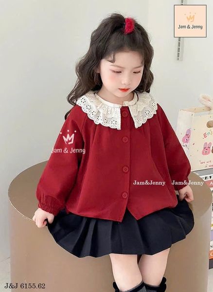 JJ 6155 - Bộ Jam & Jenny áo khoác gió đỏ cổ ren trắng + chân váy xếp ly đen size 2-12y