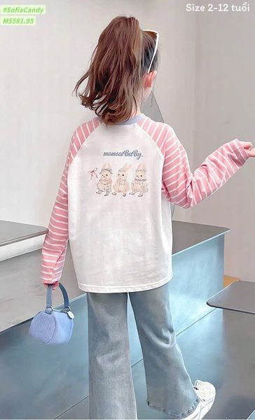 M5581 - Set bộ Mia Kids áo dài tay kẻ hồng + quần jean bé gái size 2-12y