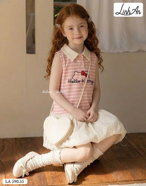 DLACC.590 - Váy Linh An sát nách thân kẻ hồng kitty phối chân bí kem size 2-12y