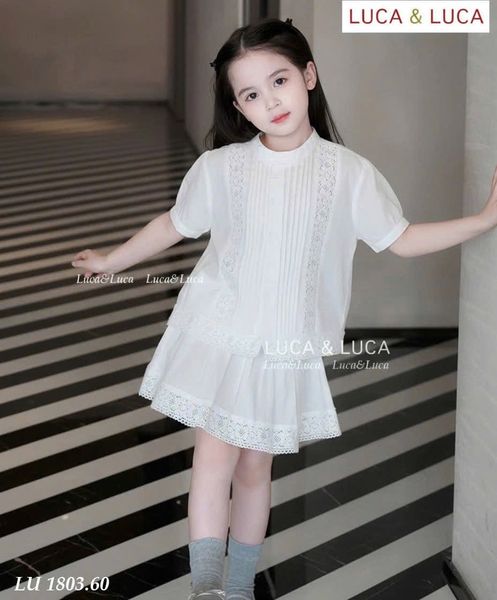 LUBCC.1803 - Bộ Luca áo sơ mi trắng + chân váy trắng ren size 2-12y