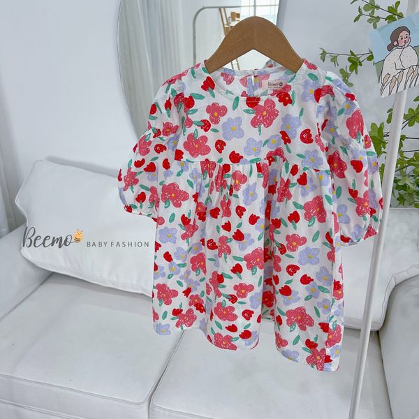 V00126 - Váy hoa nhí tay nhún Beemo 2 màu xanh/đỏ BG