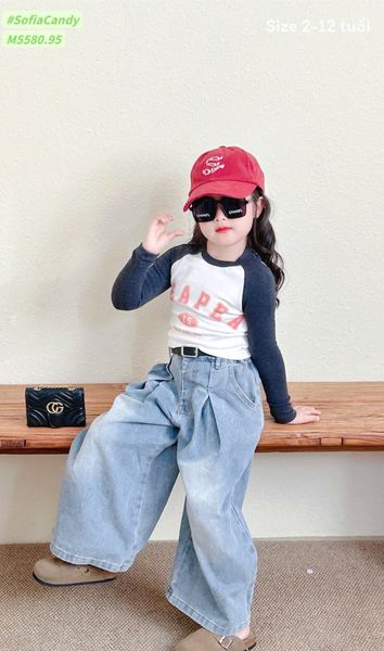 M5580 - Set Mia Kids áo thun trắng PEAPEA tay navy - quần jean ống xuông size 2 - 12y