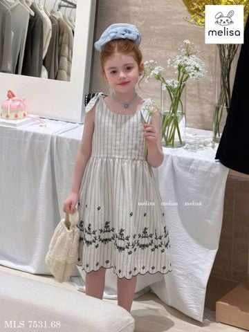 MLSDCC.7531 - Váy Melisa kẻ vai thắt nơ thêu hoa đen size 2-11y