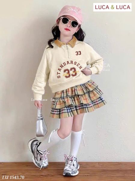 LU 1543 - Bộ LUCA áo be cổ đức + chân váy kẻ BBR liền quần bé gái size 2-12y