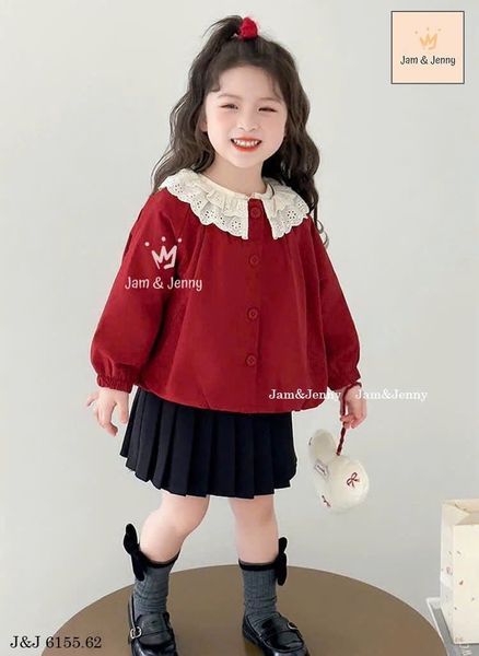 JJ 6155 - Bộ Jam & Jenny áo khoác gió đỏ cổ ren trắng + chân váy xếp ly đen size 2-12y
