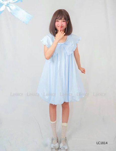 LC1814 - Váy bí Lennco cổ nơ bèo to 2 màu xanh/kem cho bé size 1-10y