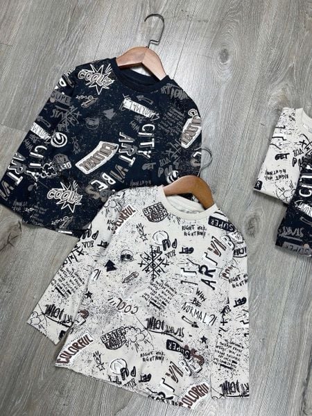 ABT25 - Áo cotton in chữ vẩy sơn 2 màu be / ghi đen size 2 - 8y