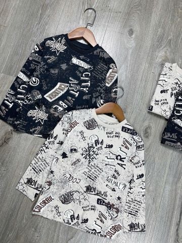 ABT25 - Áo cotton in chữ vẩy sơn 2 màu be / ghi đen size 2 - 8y