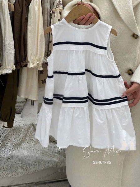 S3464 - Váy Sara Min thô kẻ sọc ngang 2 màu trắng/navy bé gái size 2-12y