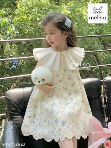 MLSDCC.7462 - Váy Melisa màu xanh hoa nhí cổ bèo trắng size 1-10y