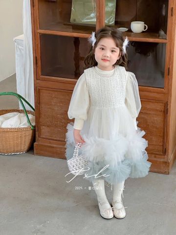 W25172 - Set 2ct áo len + váy công chúa 2 màu hồng/kem cho bé size 90-130