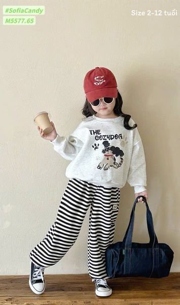 M5577 - Bộ nỉ Mia Kids áo ghi hình cún The Cozydog - quần kẻ đen size 2 - 12y