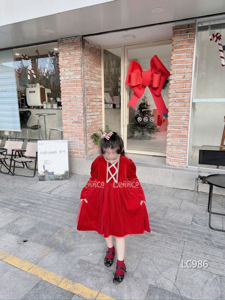 V00114 - Váy nhung phối chân voan 2 màu hồng / đỏ size 12m - 10y