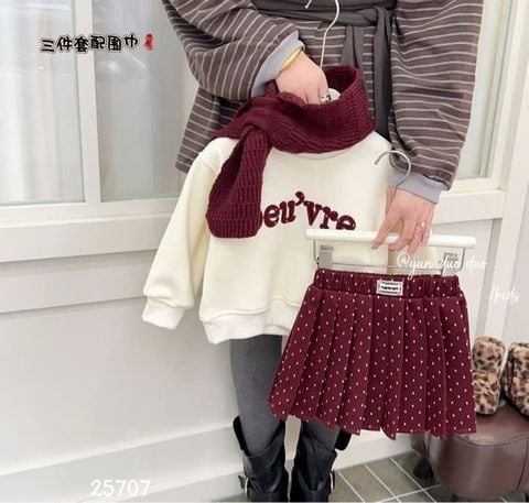 BBG04 - Set 3ct áo nỉ Oeuvre + chân váy chấm bi + khăn bé gái size 100-140