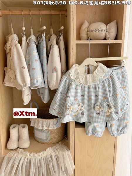 88315 - Bộ pyjama dày đại hàn LNX cổ ren túi hình kẹo Bé Gái size 90 - 140