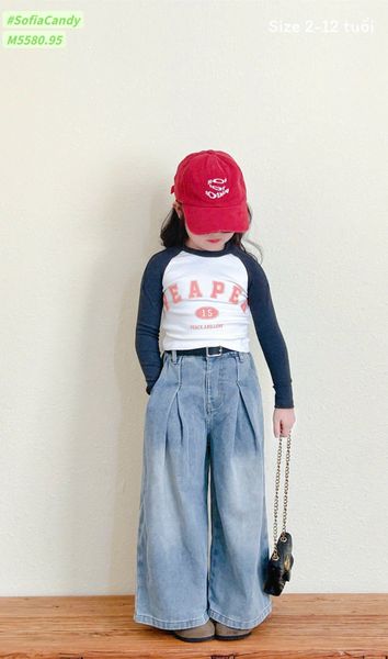 M5580 - Set Mia Kids áo thun trắng PEAPEA tay navy - quần jean ống xuông size 2 - 12y