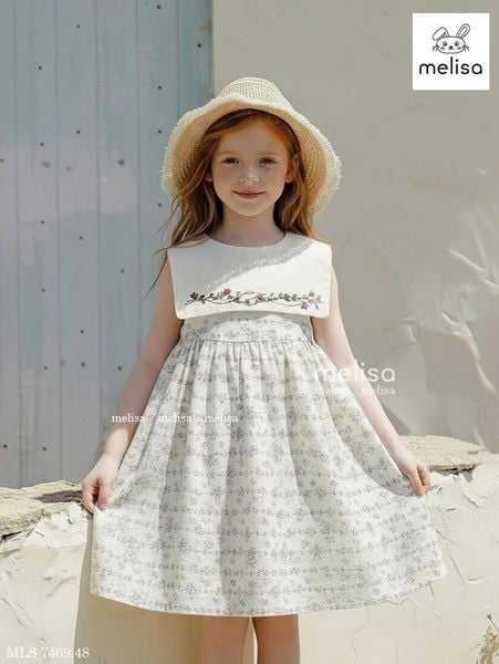 MLSDCC.7469 - Váy linen sát nách Melisa màu kem hoa dây cổ yếm trắng thêu size 2 - 11y
