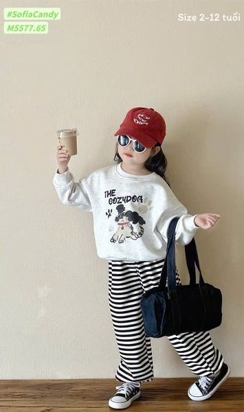 M5577 - Bộ nỉ Mia Kids áo ghi hình cún The Cozydog - quần kẻ đen size 2 - 12y