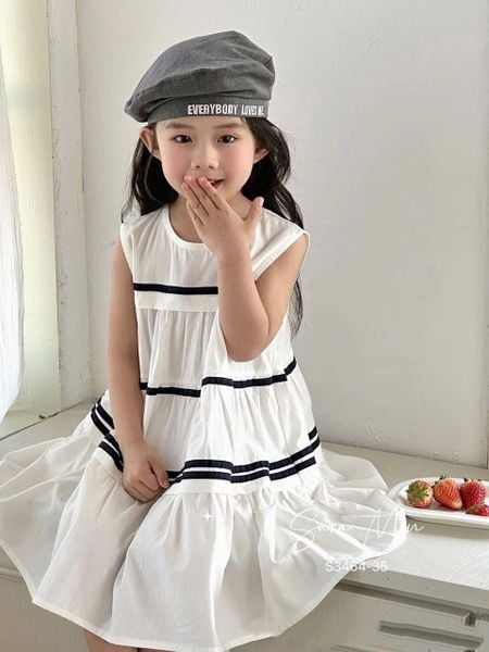 S3464 - Váy Sara Min thô kẻ sọc ngang 2 màu trắng/navy bé gái size 2-12y