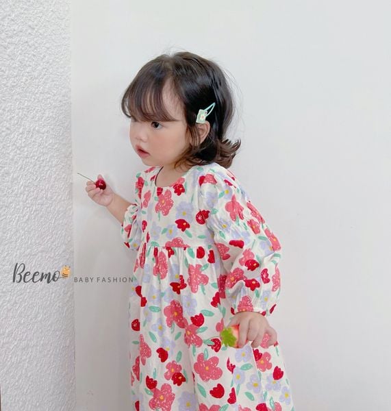 V00126 - Váy hoa nhí tay nhún Beemo 2 màu xanh/đỏ BG