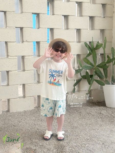 VJ115 - Bộ June with love áo cotton trắng Summer + quần lanh cây dừa size 1 - 10y