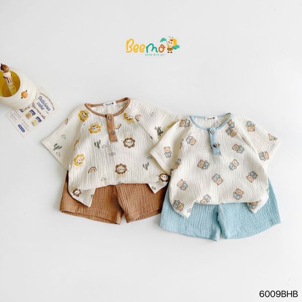 6009BHB - Bộ mặc nhà muslin Beemo áo họa tiết quần trơn size 1-5y
