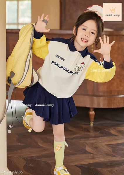 JJ 1292 - Bộ Jam & Jenny áo polo phối tay in chữ Pompompurin + chân váy size 2-12y