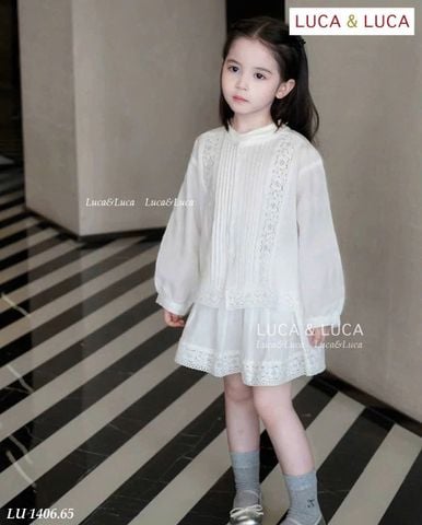 Lu 1406 - Bộ Luca áo + chân váy trắng phối ren bé gái size 2-12y