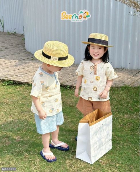 6009BHB - Bộ mặc nhà muslin Beemo áo họa tiết quần trơn size 1-5y