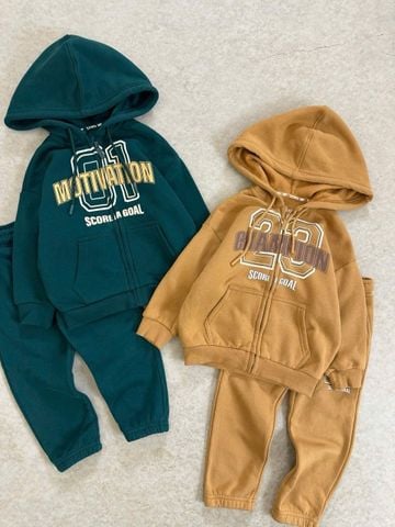 BBT21 - Bộ nỉ bông GGJJ kéo khóa 2 màu nâu/xanh cho bé size 2-8y
