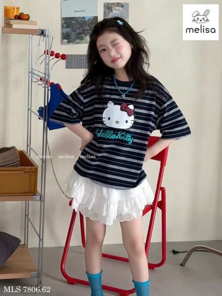 MLSBCC.7806 - Bộ Melisa áo kẻ in hello kitty + chân váy trắng ren size 2-12y