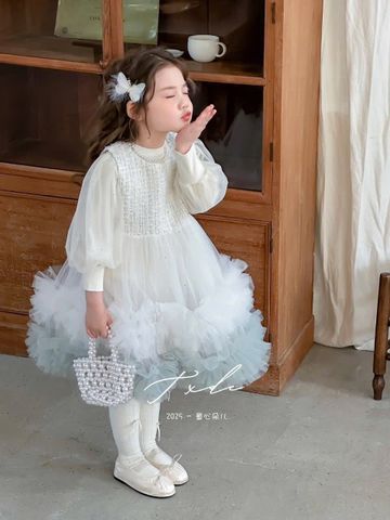 W25172 - Set 2ct áo len + váy công chúa 2 màu hồng/kem cho bé size 90-130