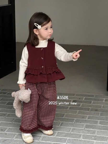 S3508 - Set 3ct gile dạ đỏ + áo len + quần dạ bé gái size 90-160