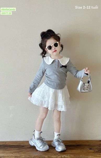 S5577 - Set bộ Sofia Candy áo ghi cổ trắng + chân váy tầng ren trắng size 2-12y