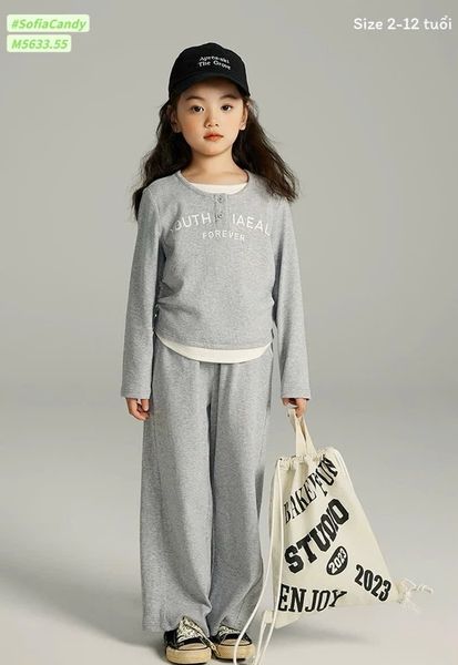M5633 - Bộ Miakids thun tăm 2 màu cho bé gái size 2-12y