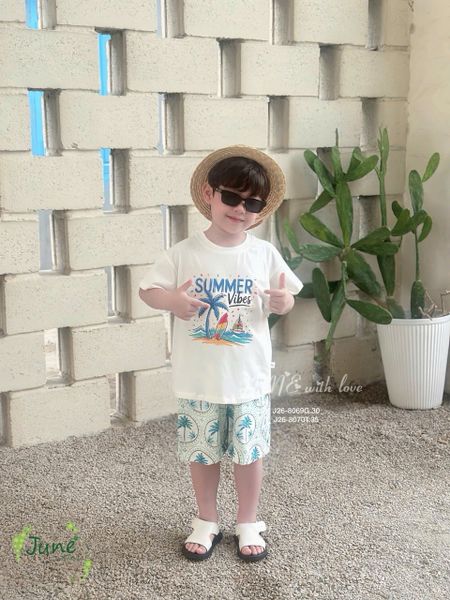 VJ115 - Bộ June with love áo cotton trắng Summer + quần lanh cây dừa size 1 - 10y
