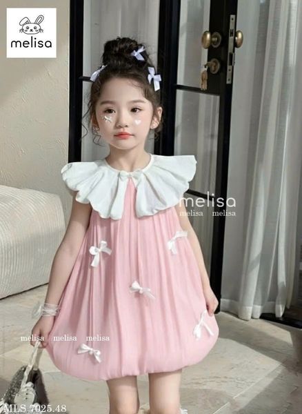 MLSDCC.6648 - Váy Melisa bí vải tơ đính nơ cổ sen hồng size 2-12y