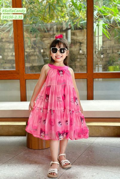 S4156 - Váy Sofia Candy vải tơ kuromi 2 màu hồng/tím in tràn cổ yếm size 1-10y